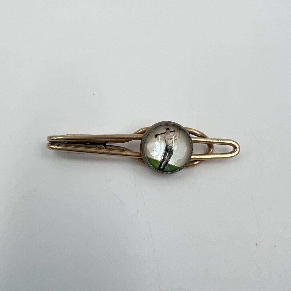 Stunning 1940s-1950s Era Tie Bar Clip Glass Painted Golfer Fathers Day Gift
